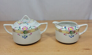 Vintage Nippon Japan Hand Painted Creamer and Sugar with Lid Roses Floral Flower